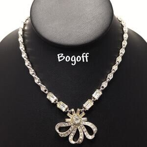 Bogoff Clear Rhinestone Pendant Choker Necklace, Rhodium Plated, 1950s Vintage